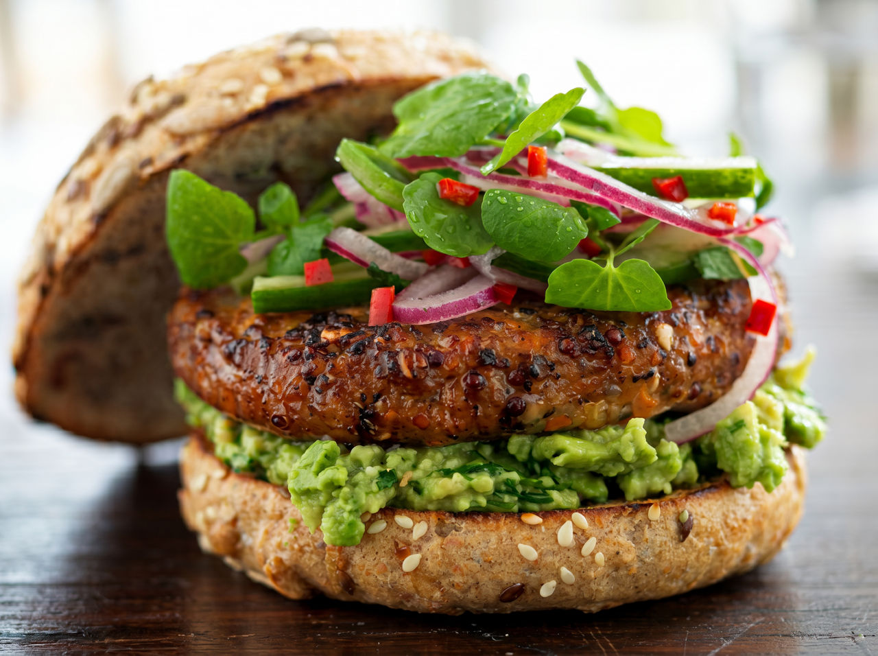 Kūmara Burger with Smashed Avocado & Pickled Salad