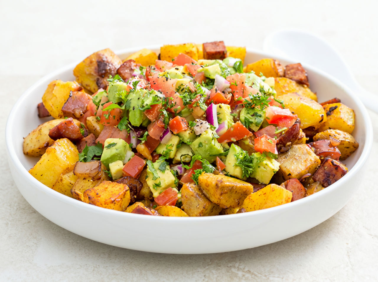 Kūmara Potato & Chorizo Salad with Avocado Salsa