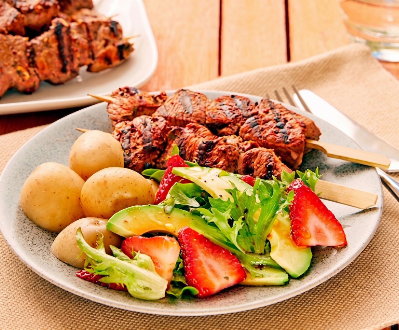 Lamb Skewers with Avocado & Strawberry Salad