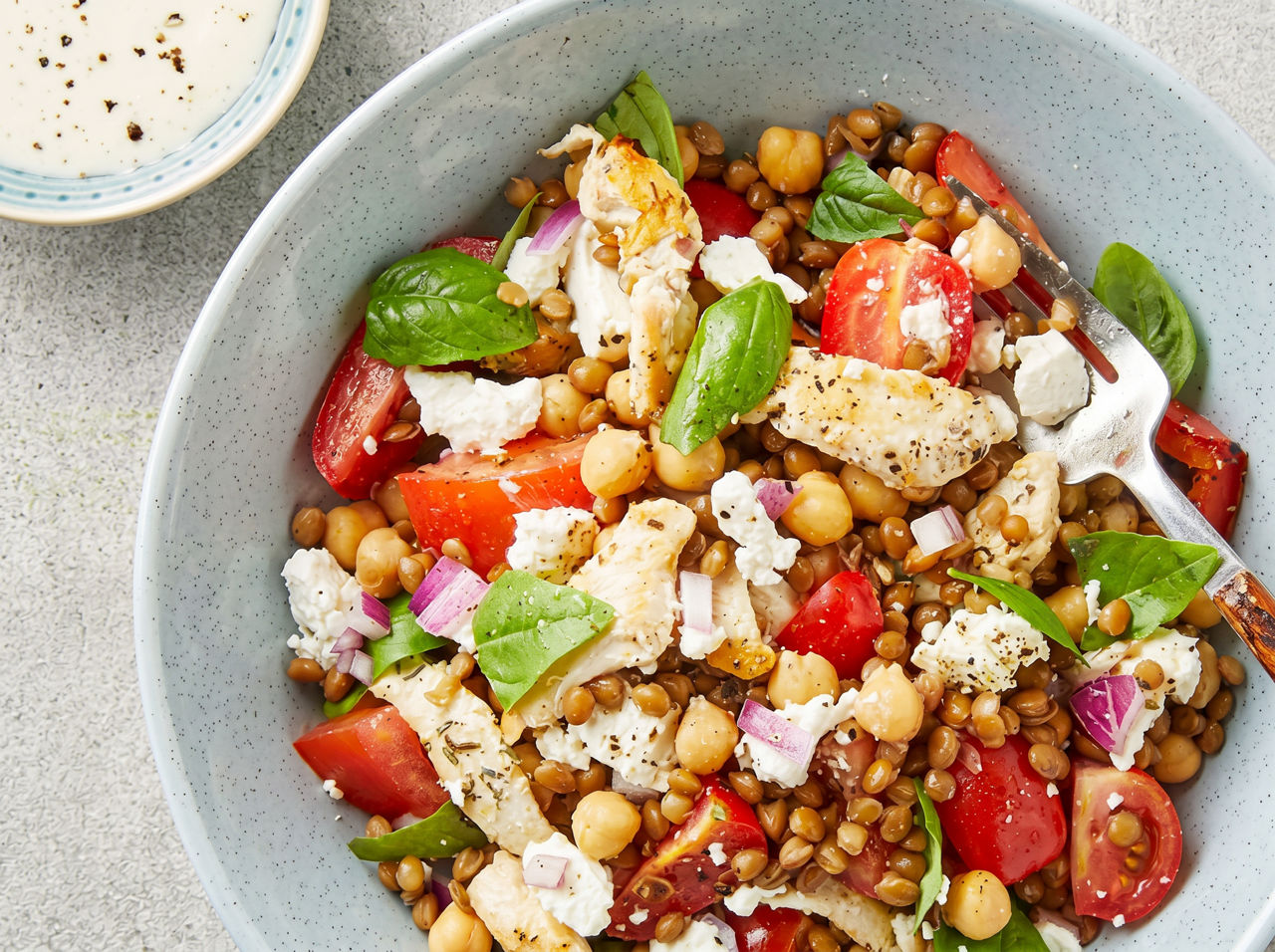 Lentil, Chicken and Chickpea Salad with Yoghurt Dressing