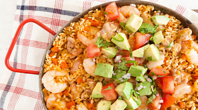 Paella Style Chicken, Prawns Rice with Avocado Relish