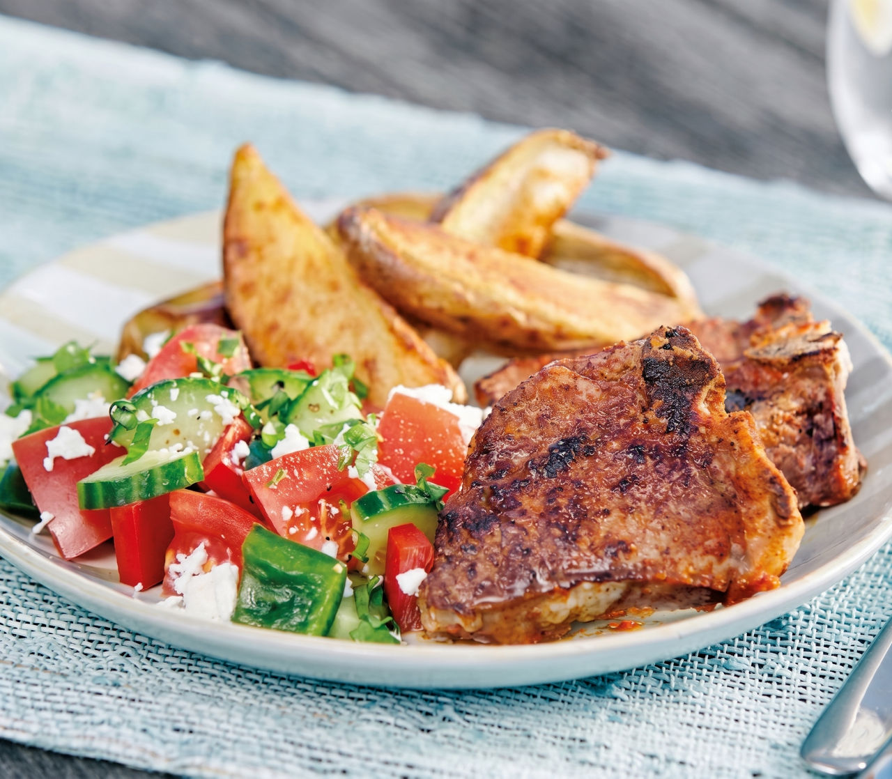 Paprika Lamb Chops with Greek Salad & Potatoes