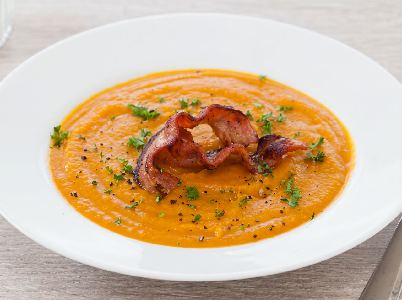 Pumpkin & Kūmara Soup with Crispy Bacon