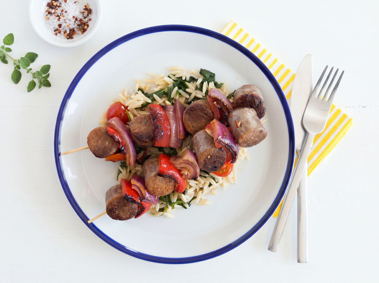Sausage Kebabs with Orzo Salad