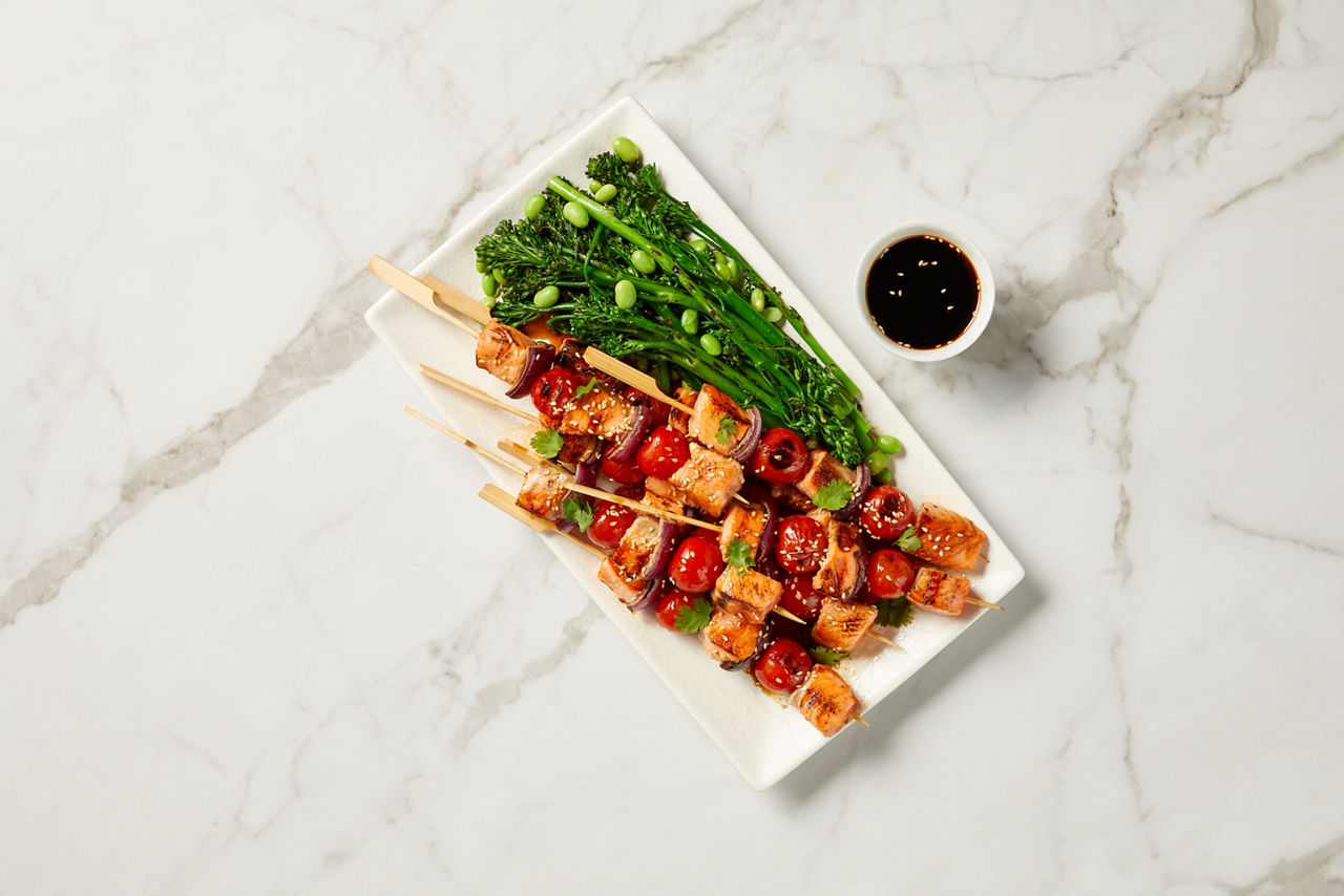 Teriyaki Salmon Kebabs with Charred Broccolini